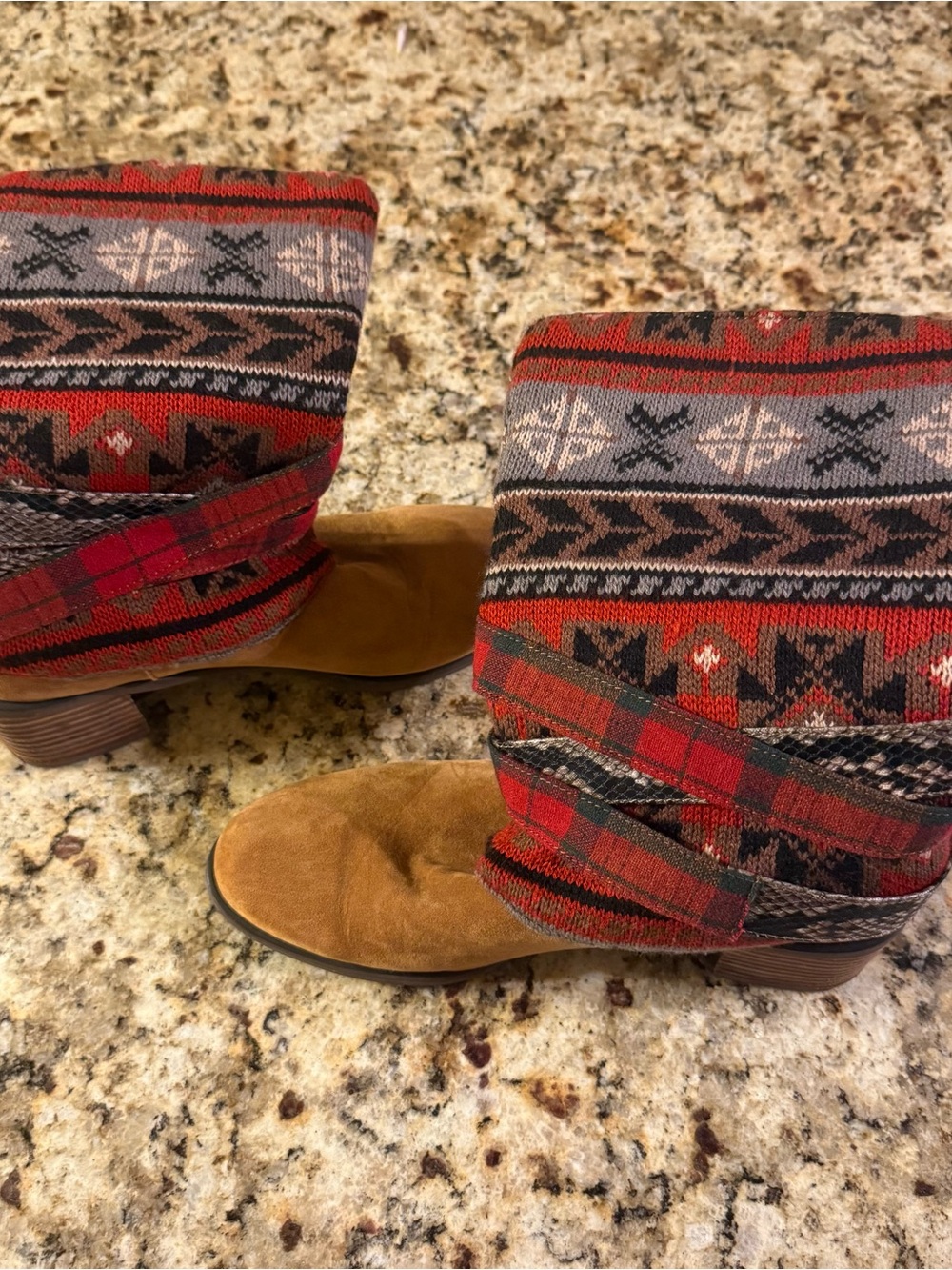 Patterned Knit Slouch Boots in Red and Brown